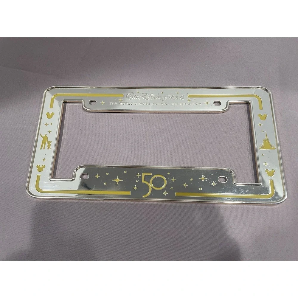Disney World 50th Anniversary Celebration Gold Metal License Plate Cover Frame